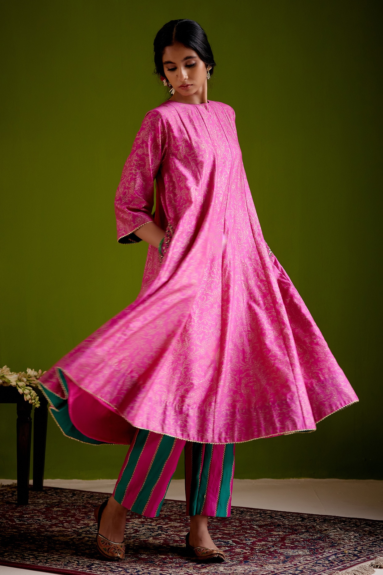 Vashisht Guru Dutt Pink Woven Chanderi Block Printed & Dabka Embroidered Anarkali Set