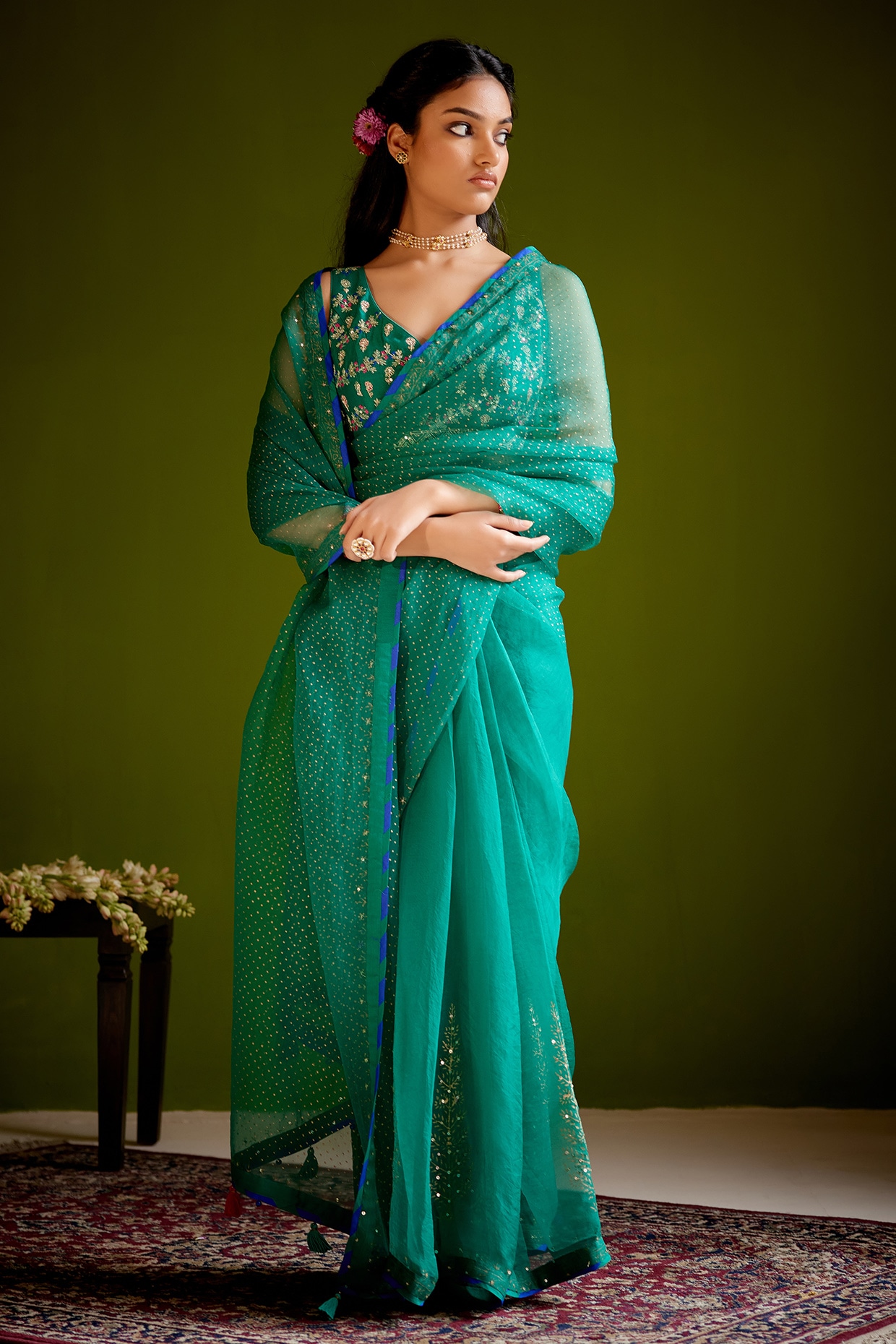 Vashisht Guru Dutt Green Woven Chanderi Block Printed Saree Set