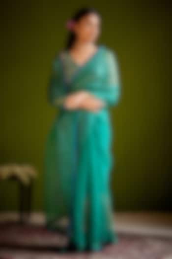 Green Woven Chanderi Block Printed Wedding Saree Set by Vashisht Guru Dutt at Pernia's Pop Up Shop
