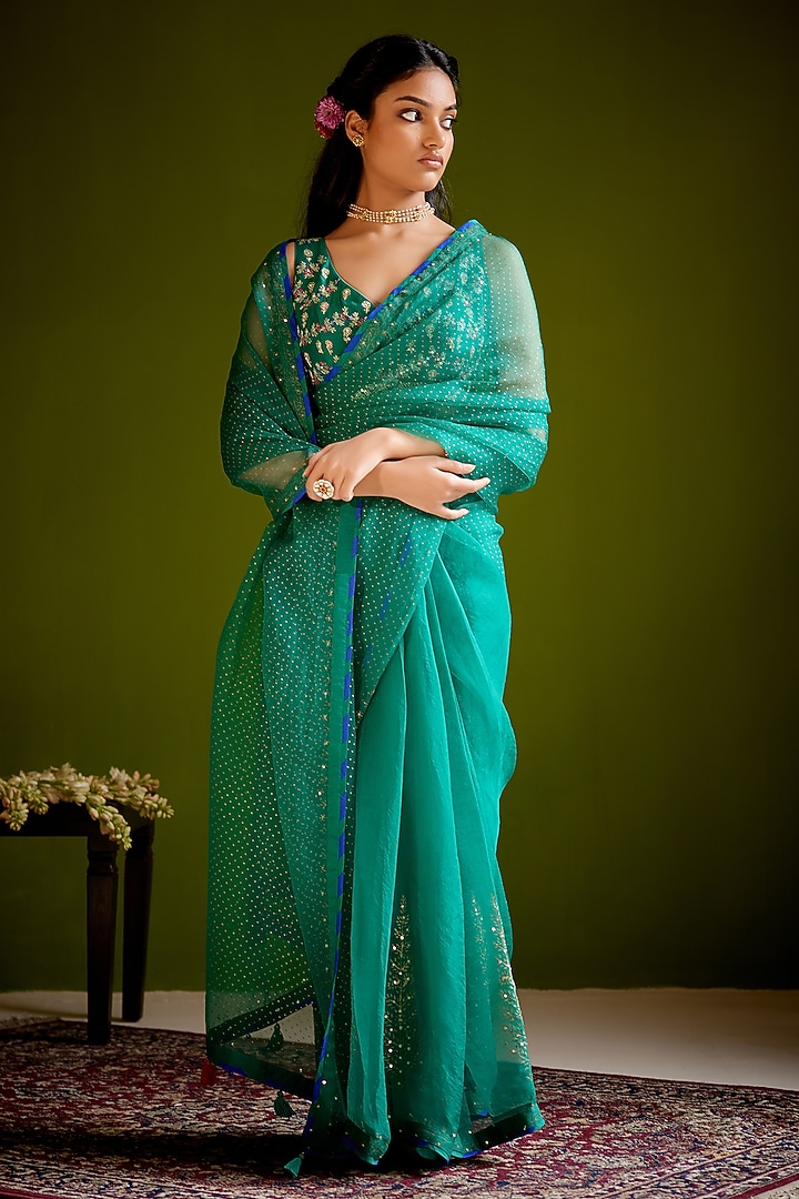 Green Woven Chanderi Block Printed Wedding Saree Set by Vashisht Guru Dutt at Pernia's Pop Up Shop