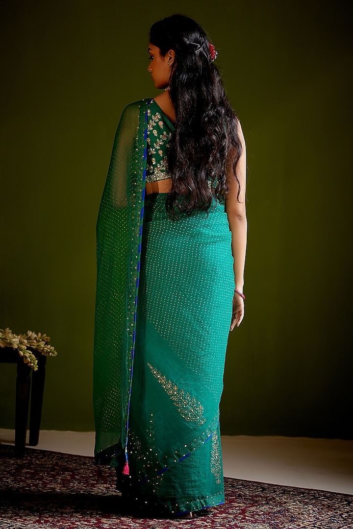 Green Woven Chanderi Block Printed Wedding Saree Set by Vashisht Guru Dutt at Pernia's Pop Up Shop