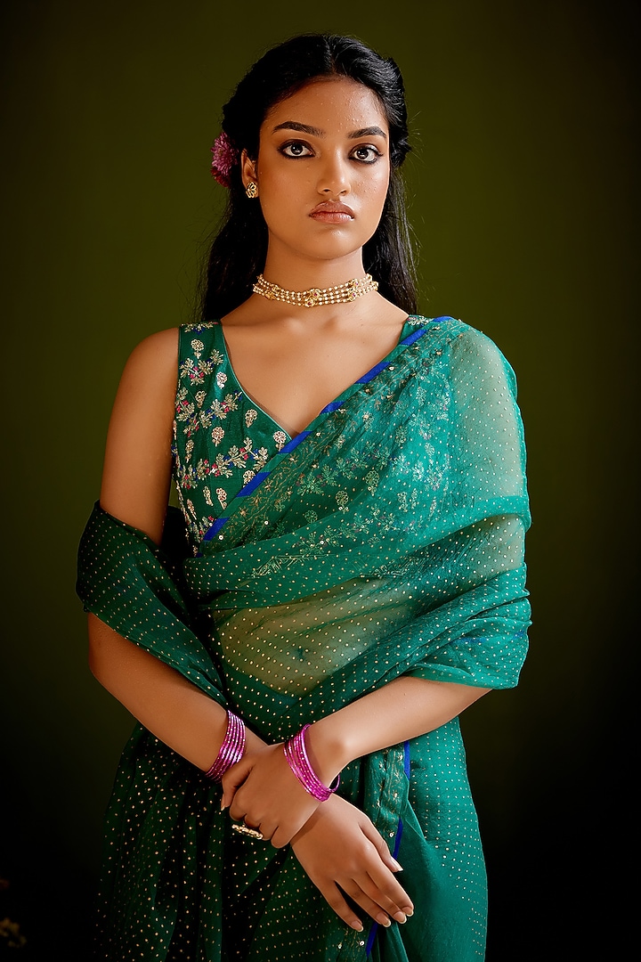 Green Woven Chanderi Block Printed Wedding Saree Set by Vashisht Guru Dutt at Pernia's Pop Up Shop