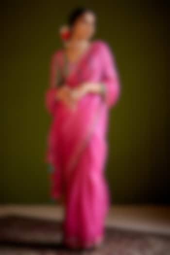 Pink Woven Chanderi Printed & Tassel Embellished Wedding Saree Set by Vashisht Guru Dutt at Pernia's Pop Up Shop