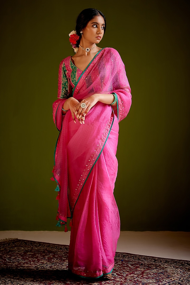 Pink Woven Chanderi Printed & Tassel Embellished Wedding Saree Set by Vashisht Guru Dutt at Pernia's Pop Up Shop