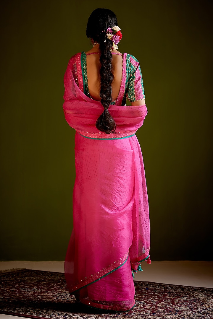 Pink Woven Chanderi Printed & Tassel Embellished Wedding Saree Set by Vashisht Guru Dutt at Pernia's Pop Up Shop