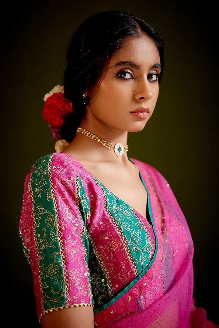 Pink Woven Chanderi Printed & Tassel Embellished Wedding Saree Set by Vashisht Guru Dutt at Pernia's Pop Up Shop