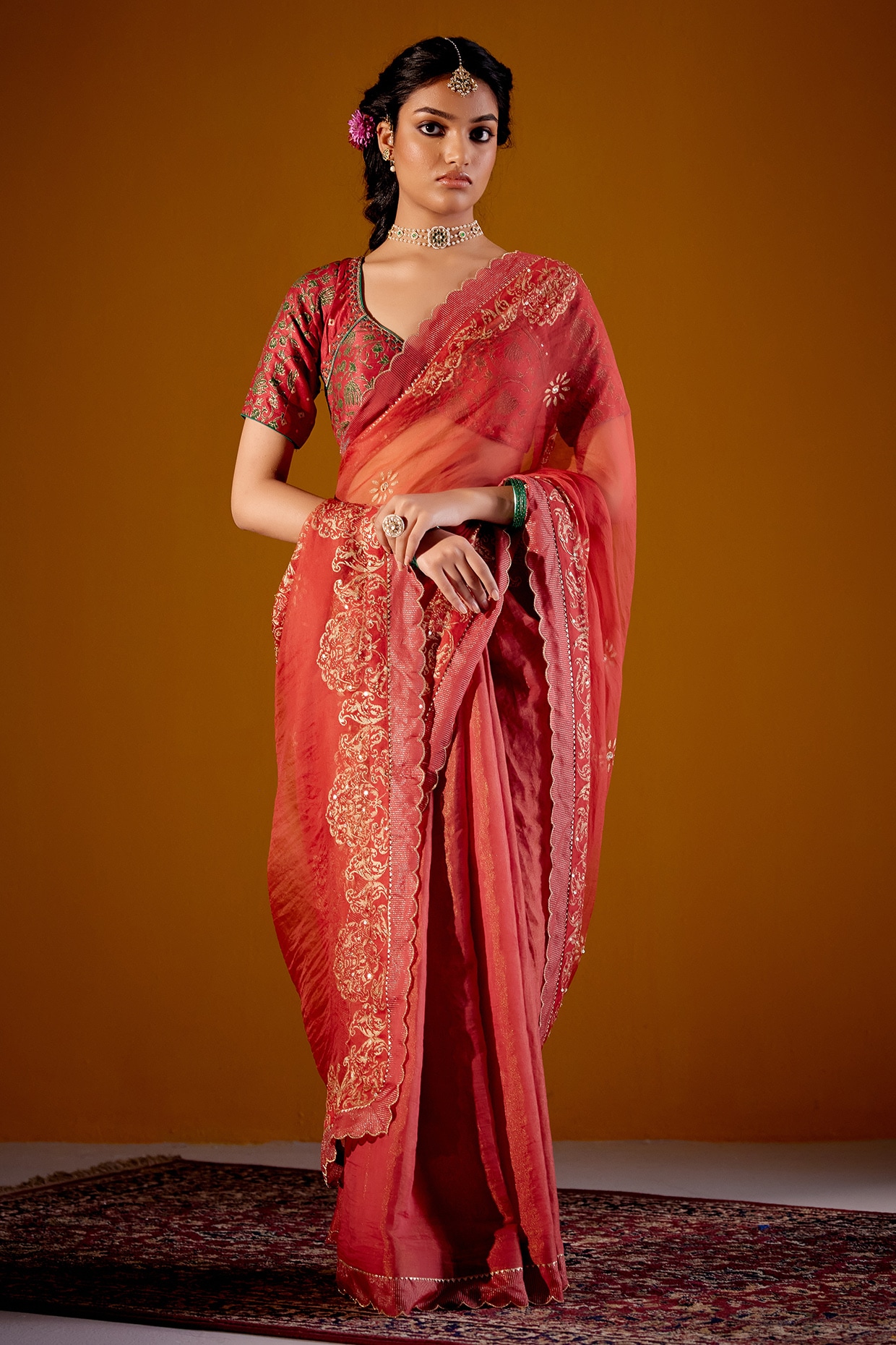 Vashisht Guru Dutt Rust Silk Organza Printed & Sequins Embellished Saree Set