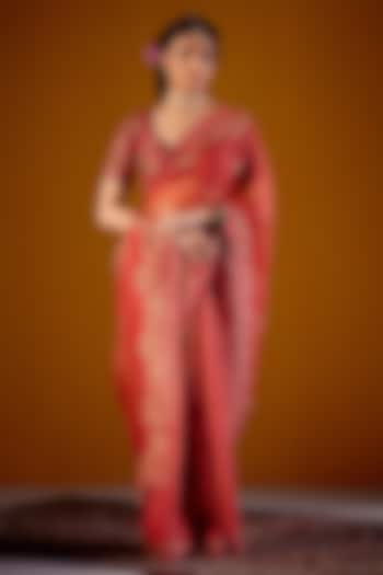 Rust Silk Organza Printed & Sequins Embellished Wedding Saree Set by Vashisht Guru Dutt at Pernia's Pop Up Shop