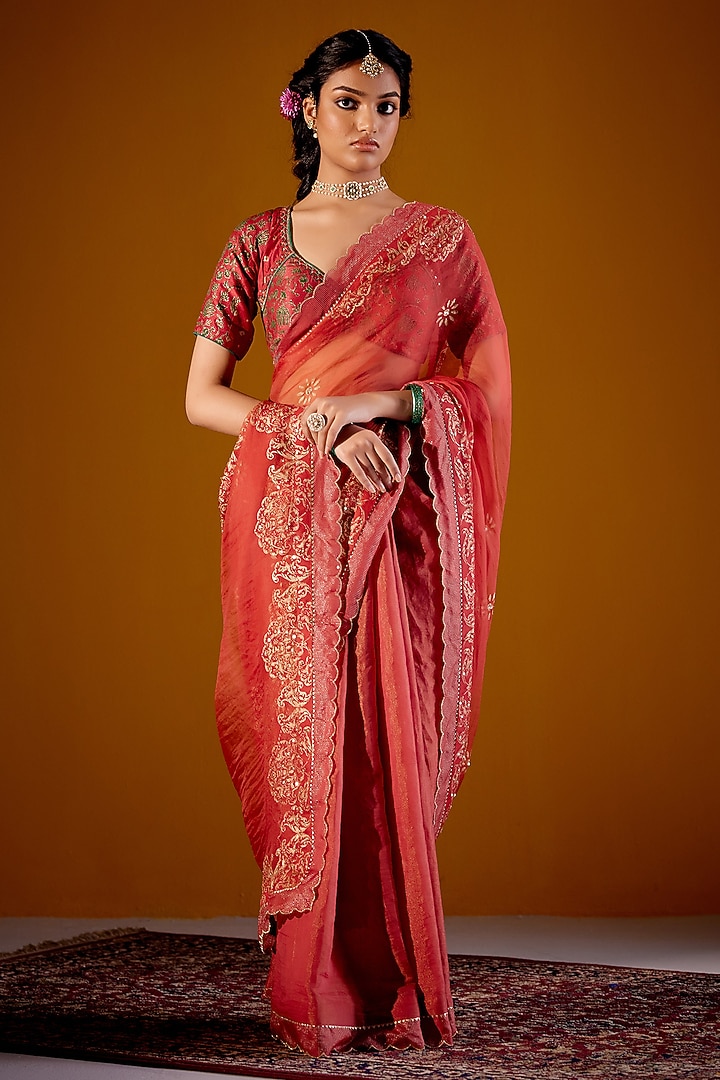 Rust Silk Organza Printed & Sequins Embellished Wedding Saree Set by Vashisht Guru Dutt at Pernia's Pop Up Shop