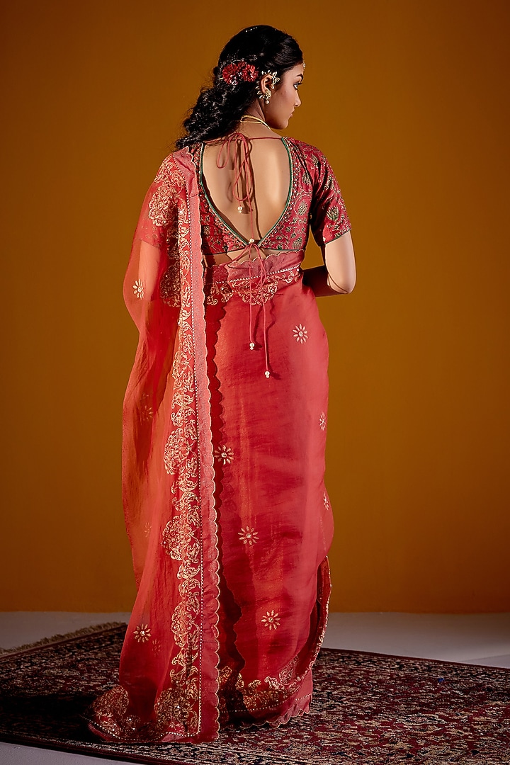 Rust Silk Organza Printed & Sequins Embellished Wedding Saree Set by Vashisht Guru Dutt at Pernia's Pop Up Shop