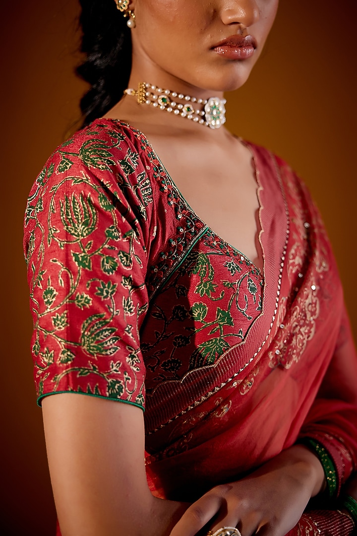 Rust Silk Organza Printed & Sequins Embellished Wedding Saree Set by Vashisht Guru Dutt at Pernia's Pop Up Shop