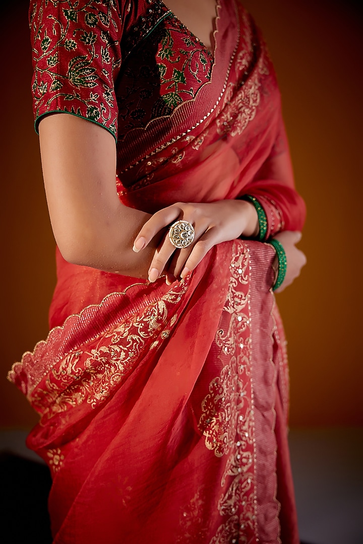 Rust Silk Organza Printed & Sequins Embellished Wedding Saree Set by Vashisht Guru Dutt at Pernia's Pop Up Shop