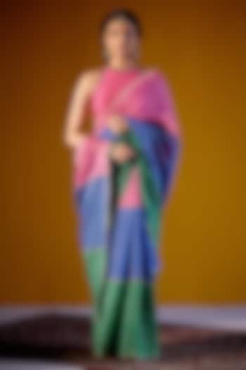 Multi-Colored Handloom Mul & Woven Chanderi Block Printed Party Wear Saree Set by Vashisht Guru Dutt at Pernia's Pop Up Shop