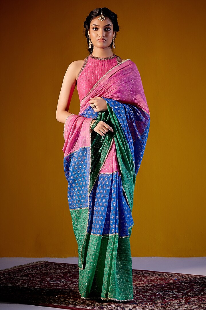 Multi-Colored Handloom Mul & Woven Chanderi Block Printed Party Wear Saree Set by Vashisht Guru Dutt at Pernia's Pop Up Shop