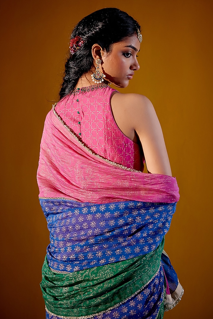 Multi-Colored Handloom Mul & Woven Chanderi Block Printed Party Wear Saree Set by Vashisht Guru Dutt at Pernia's Pop Up Shop