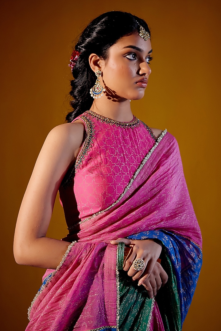 Multi-Colored Handloom Mul & Woven Chanderi Block Printed Party Wear Saree Set by Vashisht Guru Dutt at Pernia's Pop Up Shop