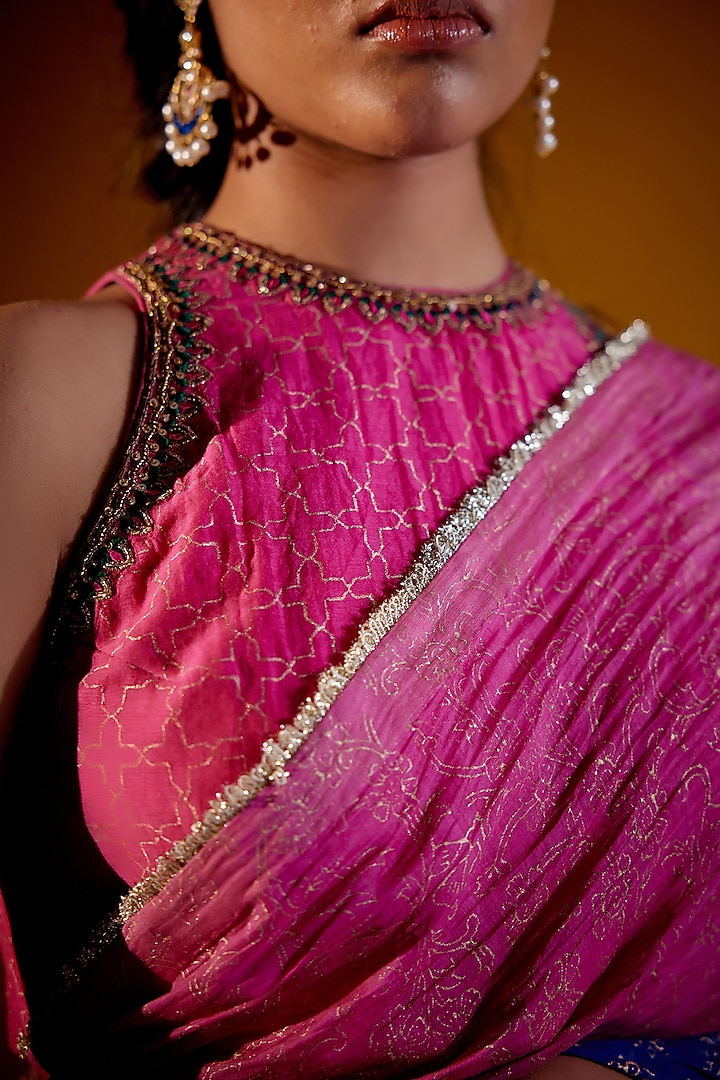 Multi-Colored Handloom Mul & Woven Chanderi Block Printed Party Wear Saree Set by Vashisht Guru Dutt at Pernia's Pop Up Shop
