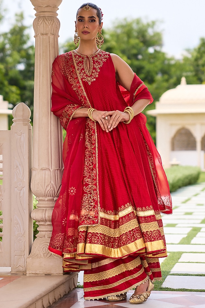Red Chanderi Block Printed & Embroidered Wedding Anarkali Set by Vashisht Guru Dutt at Pernia's Pop Up Shop