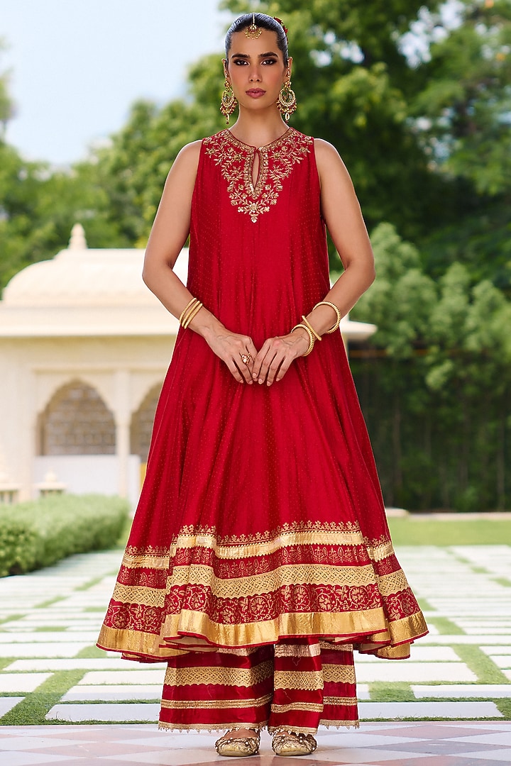 Red Chanderi Block Printed & Embroidered Wedding Anarkali Set by Vashisht Guru Dutt at Pernia's Pop Up Shop