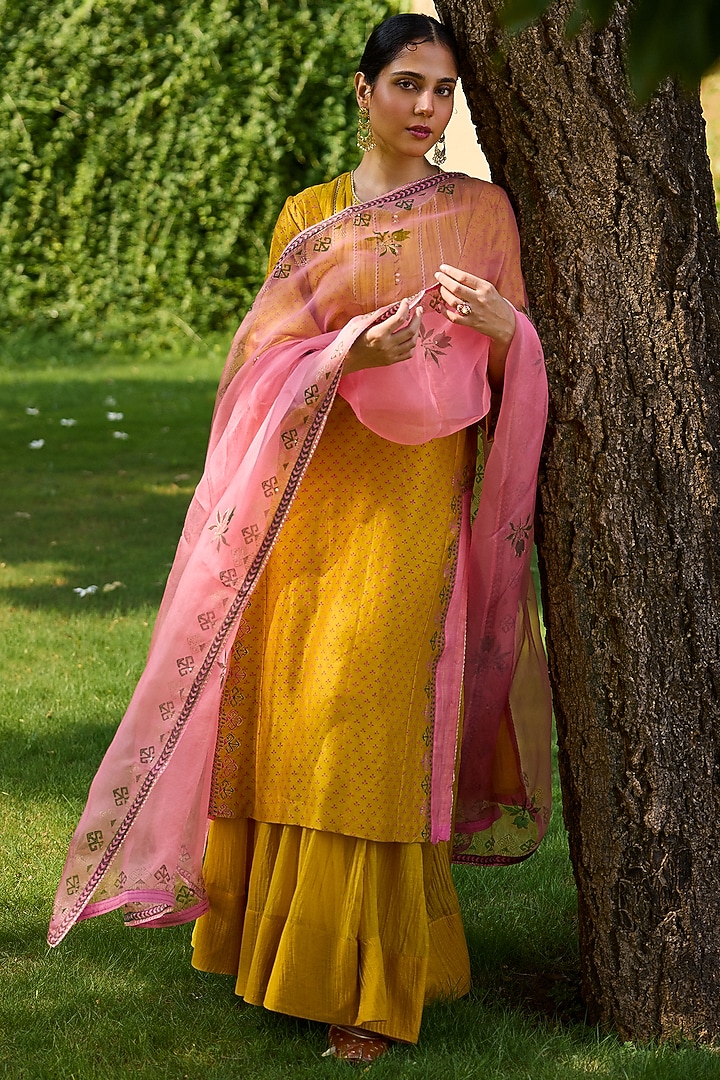 Mustard Chanderi Wedding Sharara Set by Vashisht Guru Dutt at Pernia's Pop Up Shop