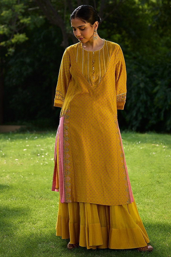 Mustard Chanderi Wedding Sharara Set by Vashisht Guru Dutt at Pernia's Pop Up Shop