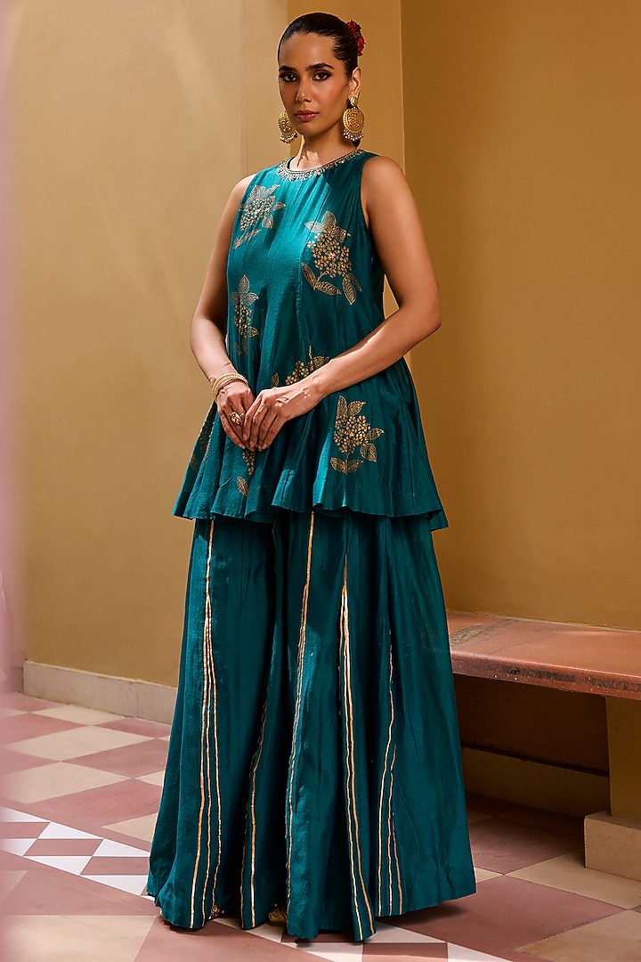 Teal Green Chanderi Party Wear Sharara Set by Vashisht Guru Dutt at Pernia's Pop Up Shop