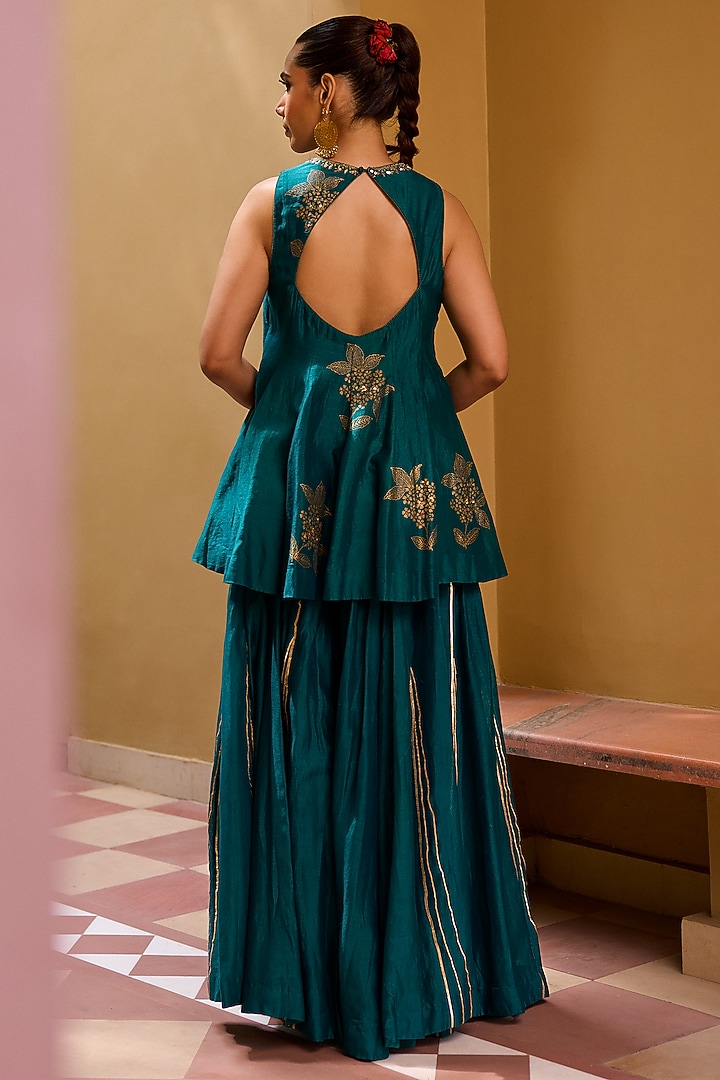 Teal Green Chanderi Party Wear Sharara Set by Vashisht Guru Dutt at Pernia's Pop Up Shop