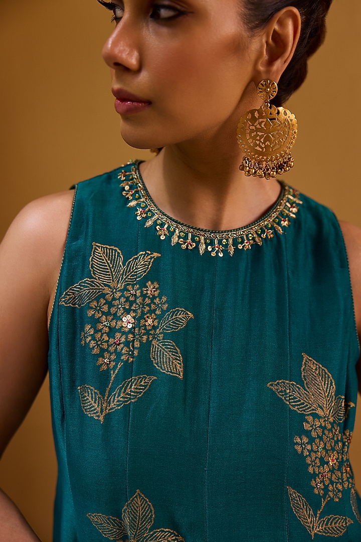 Teal Green Chanderi Party Wear Sharara Set by Vashisht Guru Dutt at Pernia's Pop Up Shop