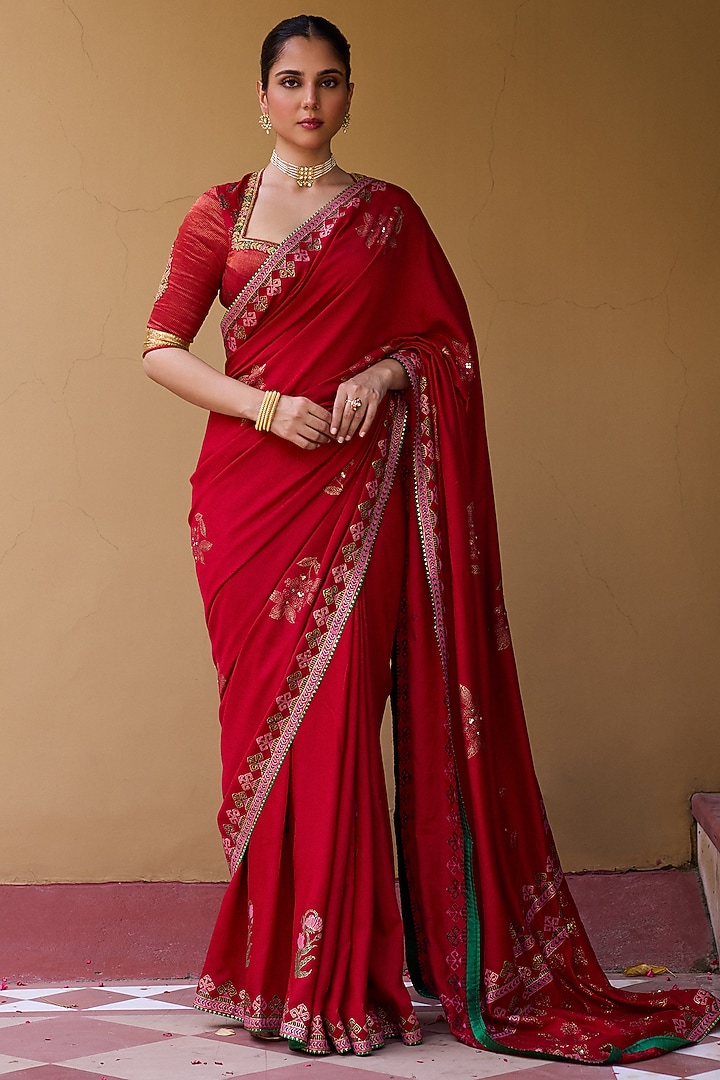 Red Cotton Silk Block Printed & Embroidered Wedding Saree Set by Vashisht Guru Dutt at Pernia's Pop Up Shop