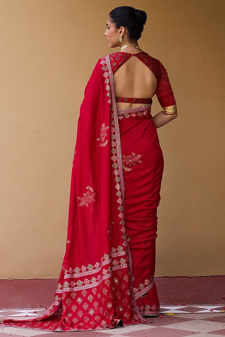 Red Cotton Silk Block Printed & Embroidered Wedding Saree Set by Vashisht Guru Dutt at Pernia's Pop Up Shop