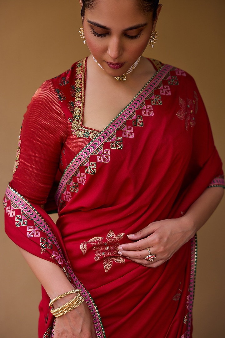 Red Cotton Silk Block Printed & Embroidered Wedding Saree Set by Vashisht Guru Dutt at Pernia's Pop Up Shop