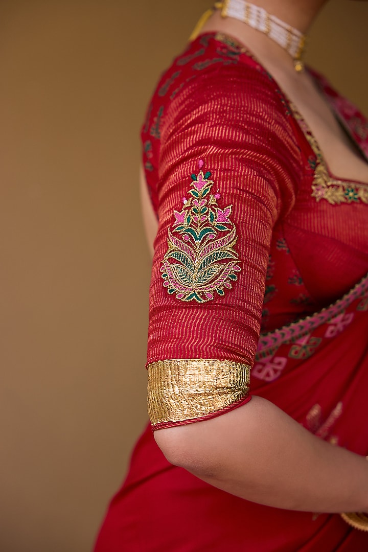 Red Cotton Silk Block Printed & Embroidered Wedding Saree Set by Vashisht Guru Dutt at Pernia's Pop Up Shop