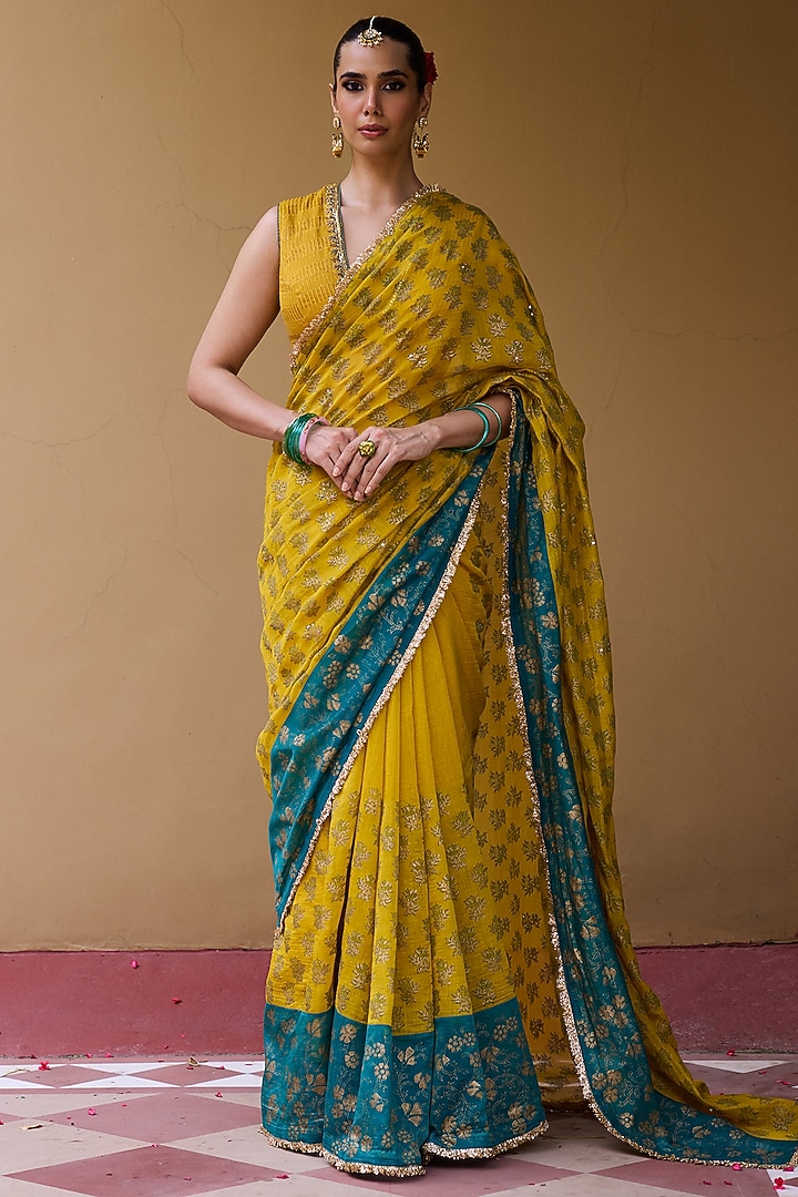 Mustard & Teal Chanderi Block Printed Wedding Saree Set by Vashisht Guru Dutt at Pernia's Pop Up Shop