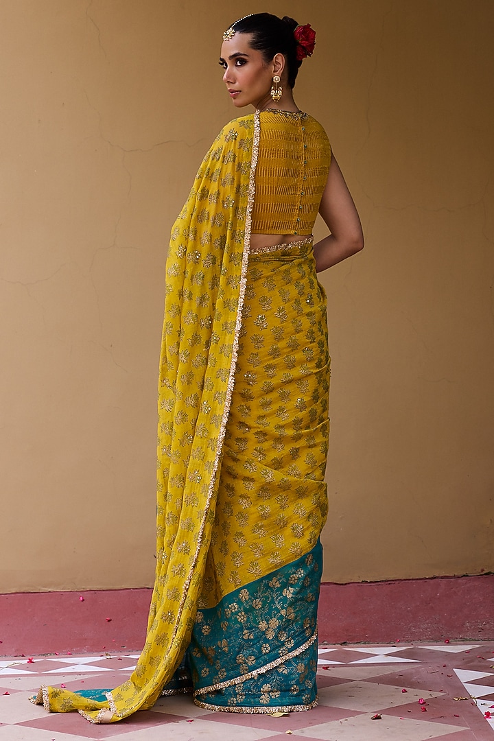 Mustard & Teal Chanderi Block Printed Wedding Saree Set by Vashisht Guru Dutt at Pernia's Pop Up Shop