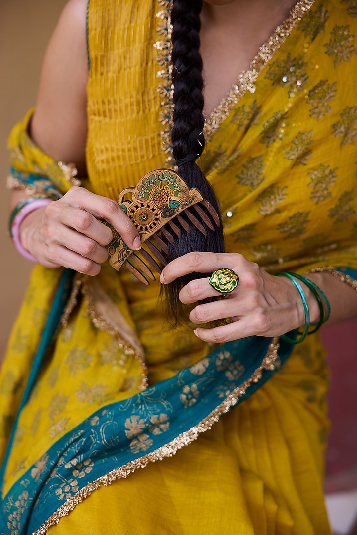 Mustard & Teal Chanderi Block Printed Wedding Saree Set by Vashisht Guru Dutt at Pernia's Pop Up Shop