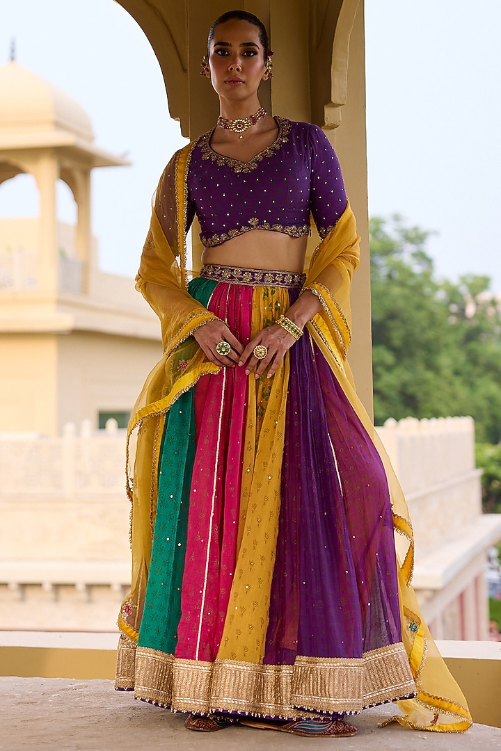 Multi-Colored Chanderi Mal Block Printed & Dabka Embroidered Wedding Lehenga Set by Vashisht Guru Dutt at Pernia's Pop Up Shop