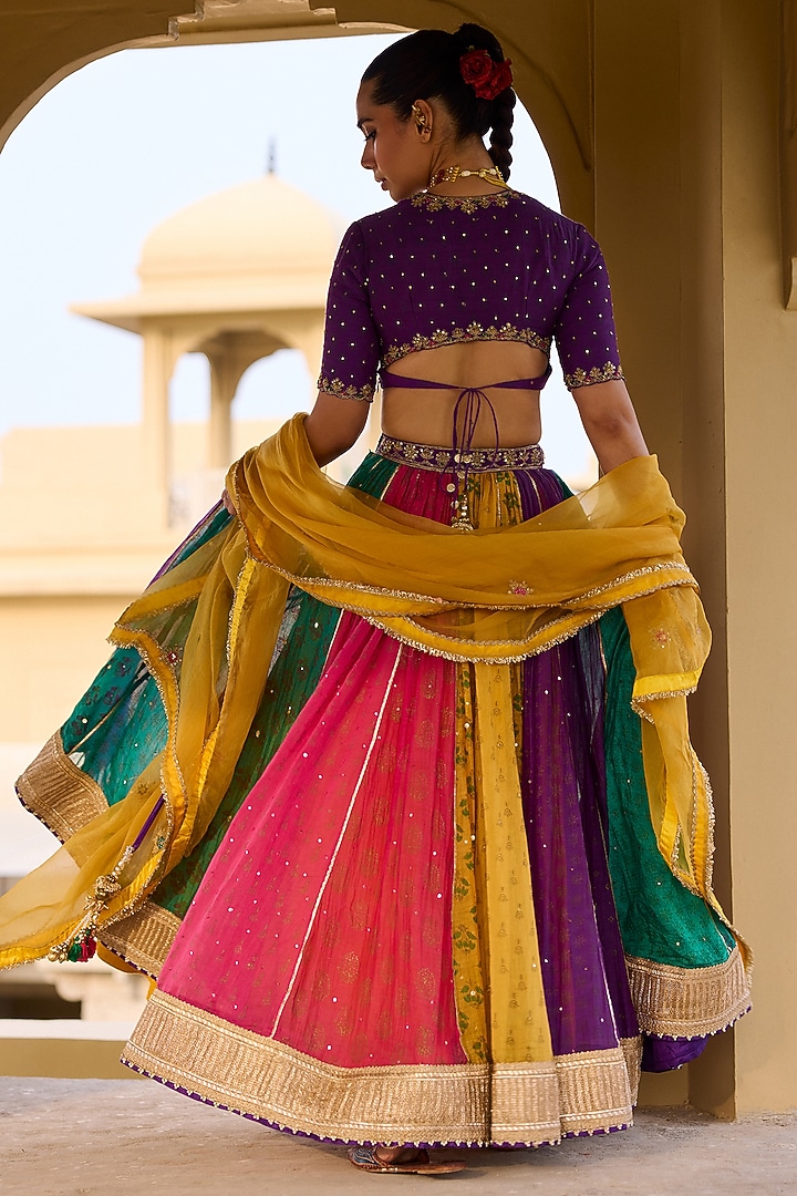 Multi-Colored Chanderi Mal Block Printed & Dabka Embroidered Wedding Lehenga Set by Vashisht Guru Dutt at Pernia's Pop Up Shop
