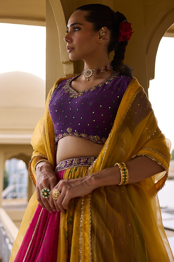 Multi-Colored Chanderi Mal Block Printed & Dabka Embroidered Wedding Lehenga Set by Vashisht Guru Dutt at Pernia's Pop Up Shop