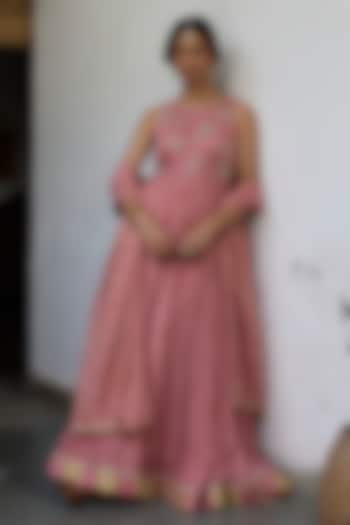 Old Rose Chanderi Sequin Embroidered Wedding Anarkali Set by Vashisht Guru Dutt at Pernia's Pop Up Shop