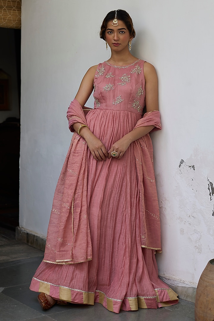Old Rose Chanderi Sequin Embroidered Wedding Anarkali Set by Vashisht Guru Dutt at Pernia's Pop Up Shop