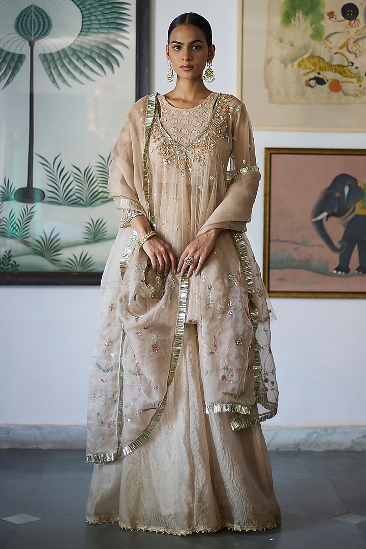 Almond Tulle Resham & Baadla Embroidered Wedding Anarkali Set by Vashisht Guru Dutt at Pernia's Pop Up Shop