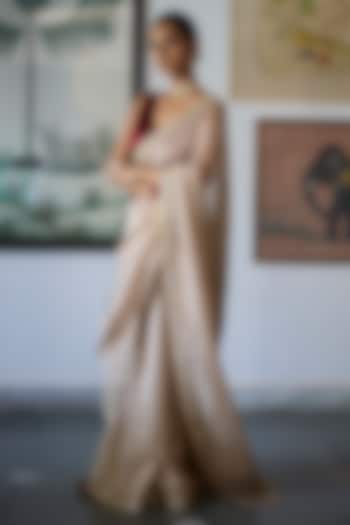 Almond Silk Tissue Zardosi Embroidered Wedding Saree Set by Vashisht Guru Dutt at Pernia's Pop Up Shop