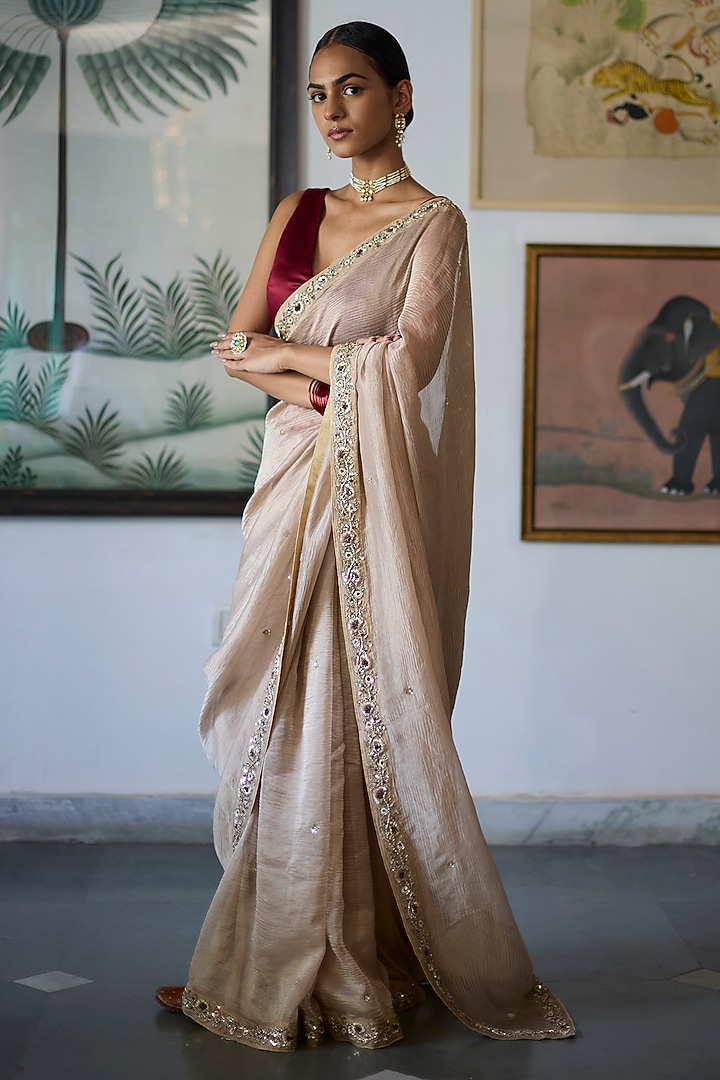 Almond Silk Tissue Zardosi Embroidered Wedding Saree Set by Vashisht Guru Dutt at Pernia's Pop Up Shop