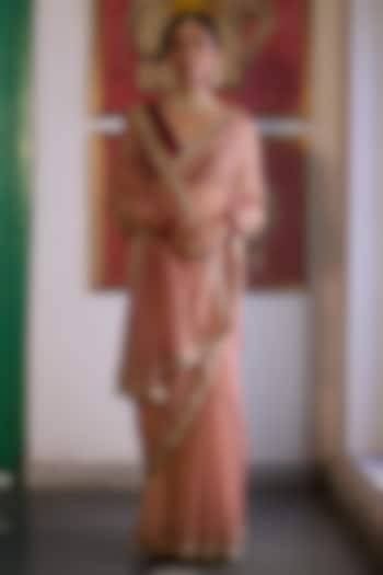 Old Rose Silk Tissue Zardosi Embroidered Wedding Saree Set by Vashisht Guru Dutt at Pernia's Pop Up Shop