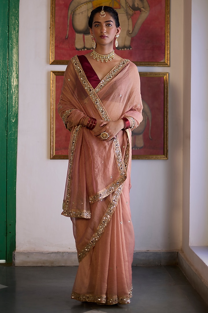 Old Rose Silk Tissue Zardosi Embroidered Wedding Saree Set by Vashisht Guru Dutt at Pernia's Pop Up Shop