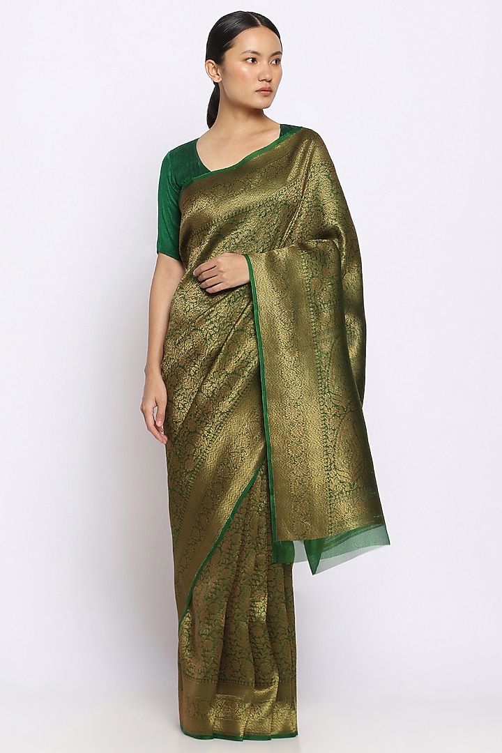 Green Silk Handwoven Banarasi Party Wear Saree by Via East at Pernia's Pop Up Shop