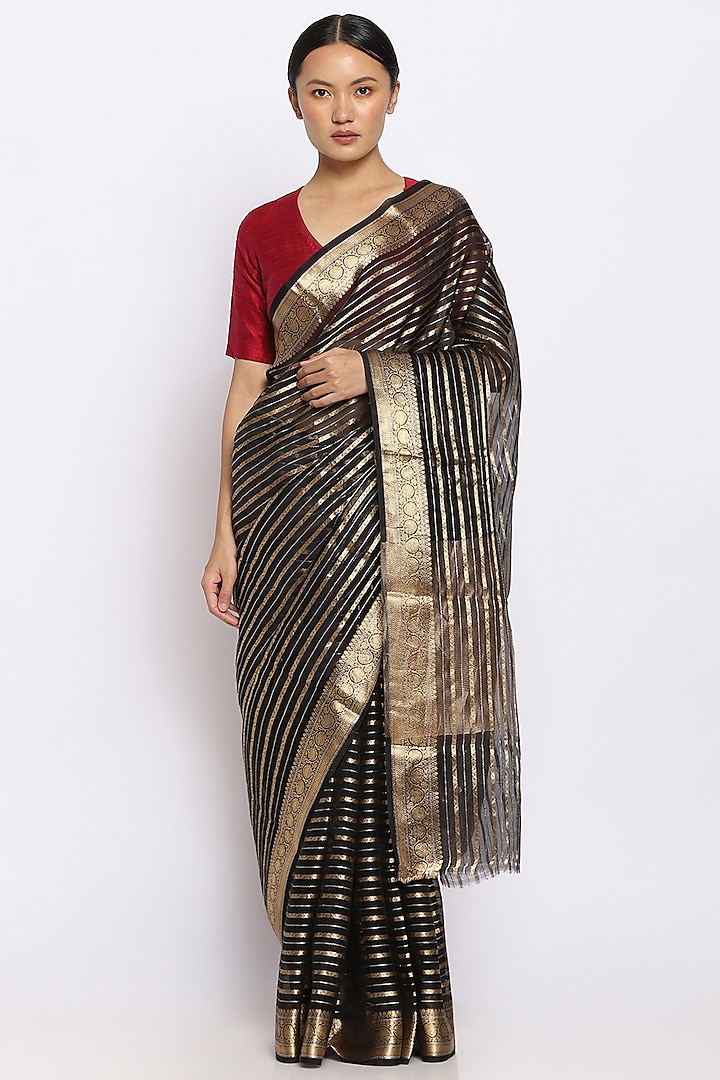 Black Organza Handwoven Festive Saree by Via East at Pernia's Pop Up Shop