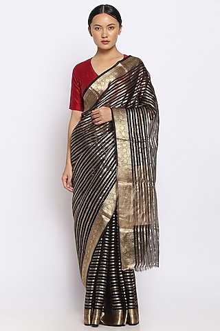 Black Organza Handwoven Saree by Via East