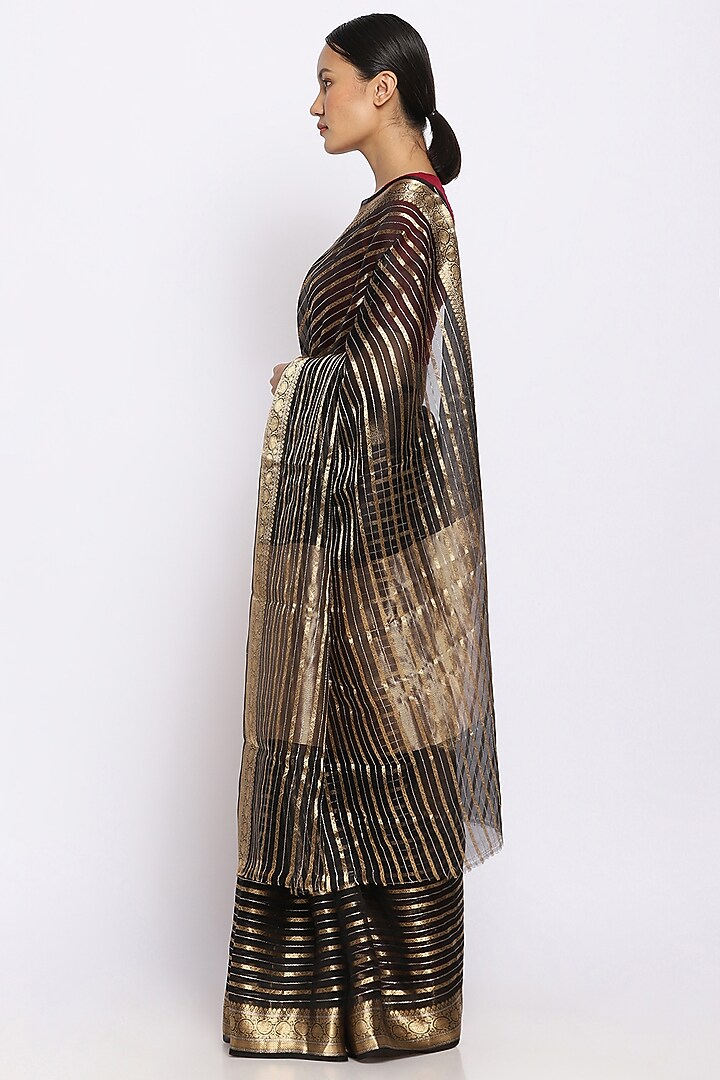 Black Organza Handwoven Festive Saree by Via East at Pernia's Pop Up Shop