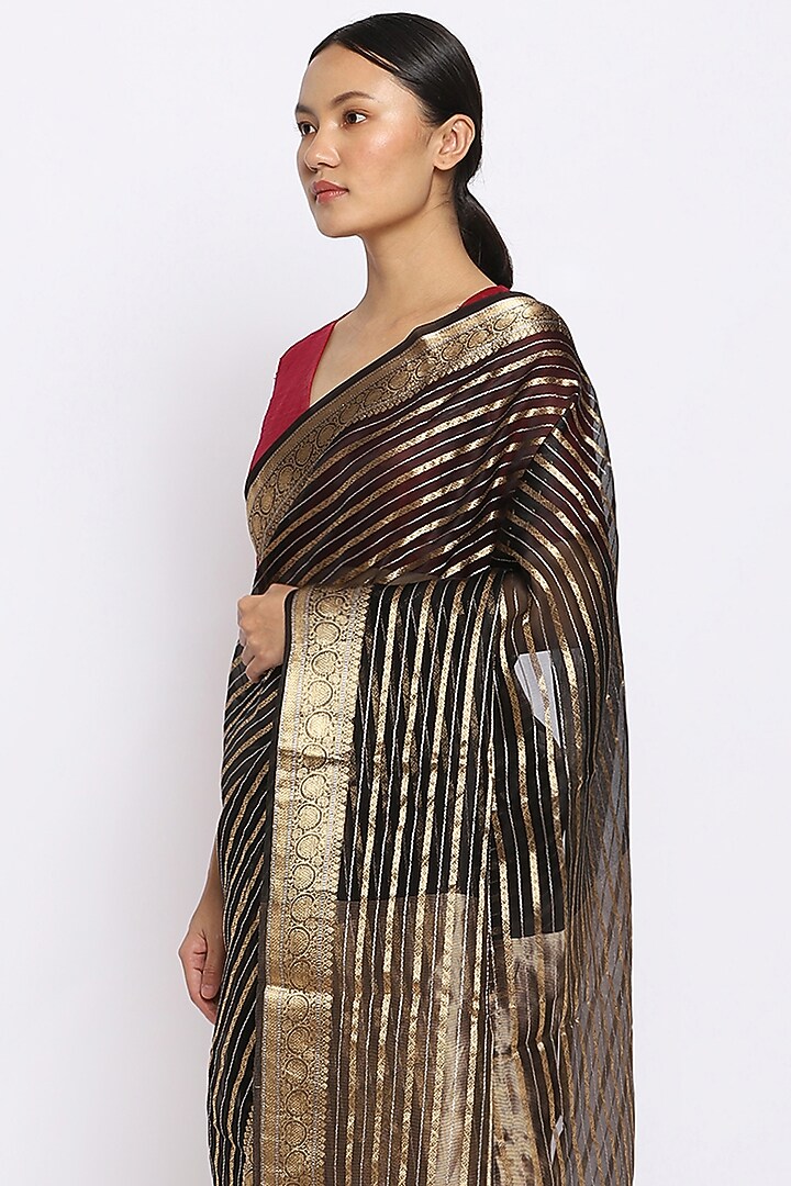 Black Organza Handwoven Festive Saree by Via East at Pernia's Pop Up Shop